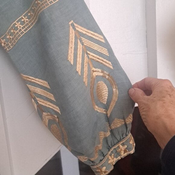 Greek Arcaic Kori Seafoam Color Linen Dress Gold Embroidery szXS missing  sash - Picture 6 of 12